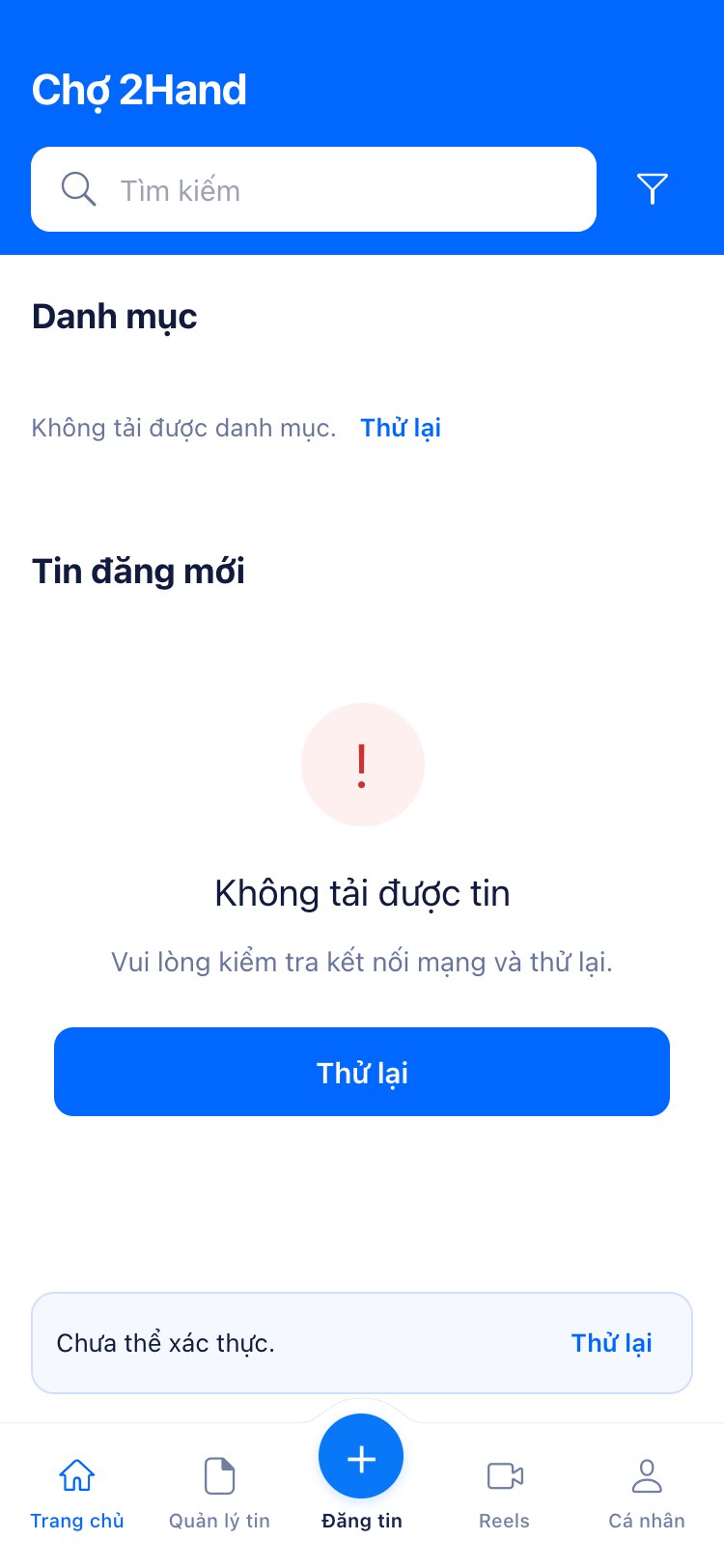Trang chủ mất mạng, nút Thử lại