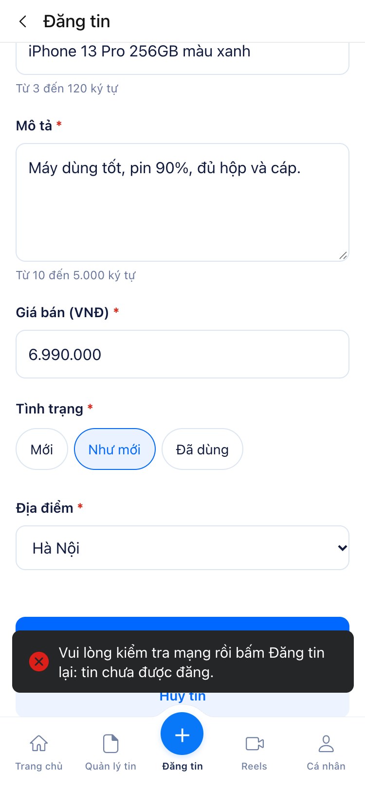 Đăng tin lỗi, form giữ nguyên