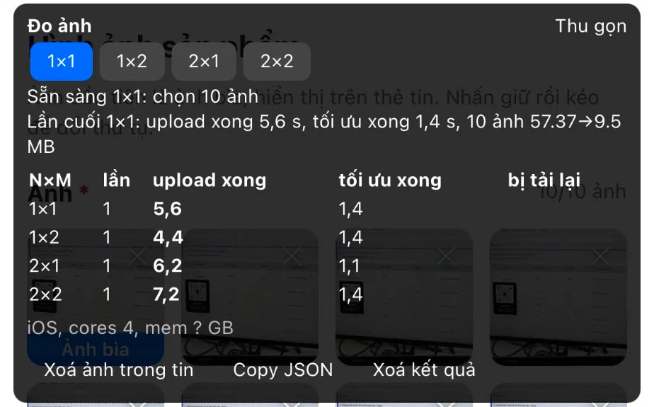 Bảng đo trên iPhone trong Zalo: thời gian tối ưu và upload xong của 1×1, 1×2, 2×1, 2×2