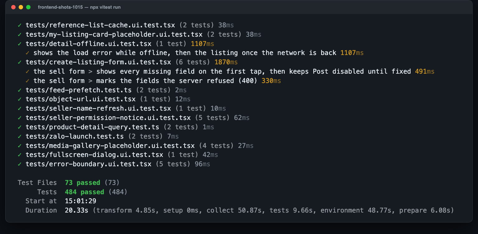 Kết quả chạy Vitest: 73 file, 484 test pass
