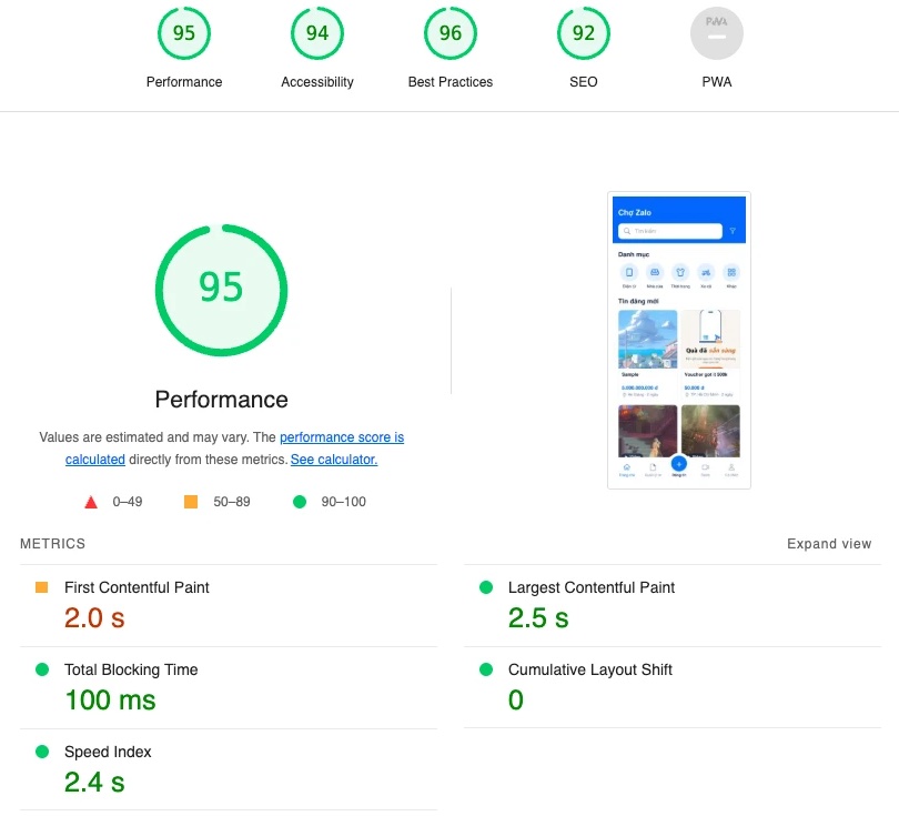 Báo cáo hiệu suất Zalo Mini App: Performance 95, LCP 2,5 s, TBT 100 ms, CLS 0